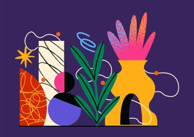 Bir grup bitki ve çiçekli vazo. 