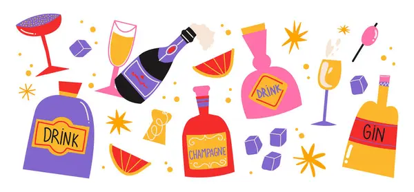 Kreslená Sada Alkoholických Nápojů Koktejlů Lahvičky Ginu Šampaňského Korku Zdraví — Stockový vektor
