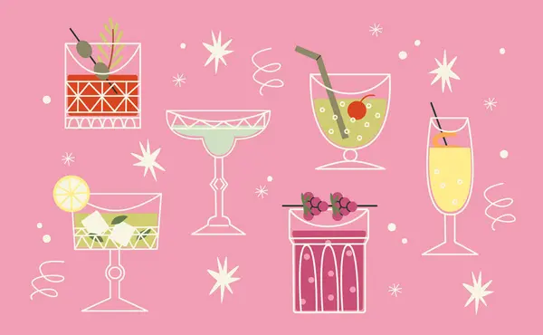 Set Alkoholischer Cocktails Cartoon Retro Stil Gläsern Unterschiedlicher Formen Klassisches — Stockvektor