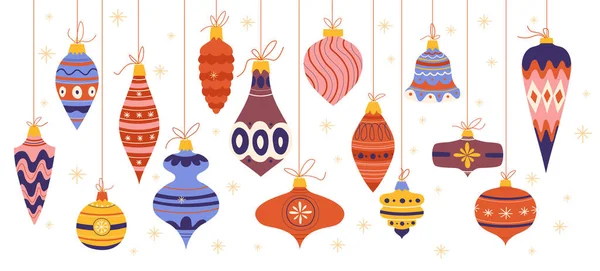 Set Christmas Tree Decorations Cartoon Retro Style 90S New Year — Stock Vector