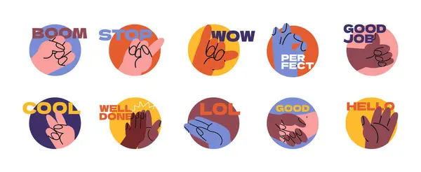 Set Hand Signs Symbols Communication Assessment Stickers Good Job Super — Stock Vector
