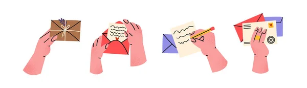 Mani Scrivono Mandano Una Lettera Mani Tengono Buste Appunti Documenti — Vettoriale Stock