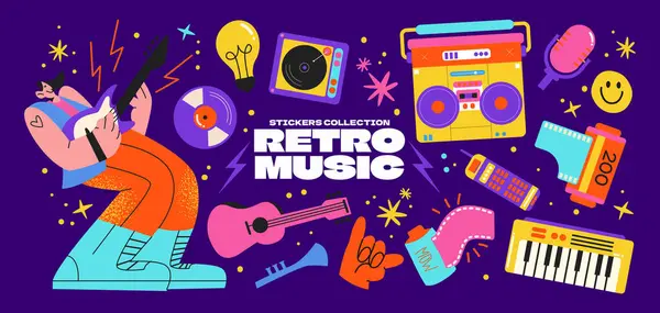 müzik partisi posteri retro müzik aletleri ve mikrofon.