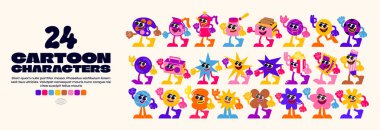 Komik komik karakterli retro çizgi film çıkartmalarını, eldivenli elleri, sevimli çizgi roman karakterli Geometrik çizimleri modern çizgi film tarzında ayarla.