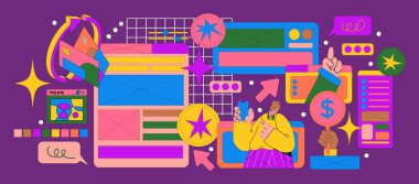 Çeşitli nesnelerle çevrili bir kadın.