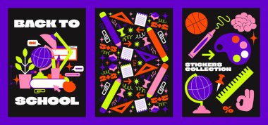 Okul öğesi çıkartmaları, karikatür eski moda çizgi film stiliyle kırtasiye malzemesi