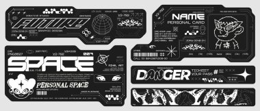 Tasarım için y2k teknolojisi çerçevesi. Kayak-Fi tarzı HUD çerçeveler, GUI, FUI.Modern siber kullanıcı arayüzü ögeleri. Piksel karakterler, sistem bildirimleri