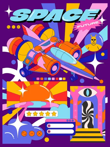 Acid Psychodelic Groovy Retro Space Poster Stil Der 90Er Jahre — Stockvektor