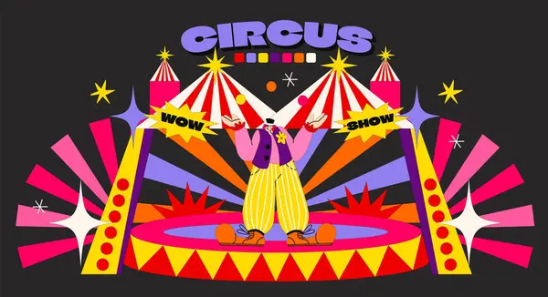 Syra Tecknad Cirkus Affisch Talet Psykedelisk Stil Ljusa Scenelement Cirkusarena — Stock vektor