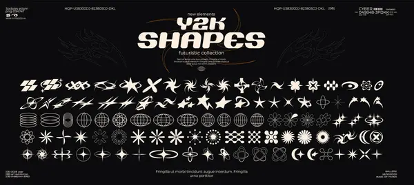 Retro fütüristik y2k tasarım elementlerini şekillendirir. Soyut grafik geometrik semboller ve nesneler koleksiyonu. Notlar, pankartlar, çıkartmalar, kartvizitler için şablonlar