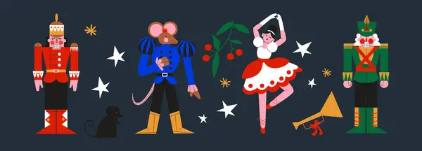 Christmas Cartoon Characters Nutcracker Ballerina Guardian Mouse Toys Style 90S — Stock Vector