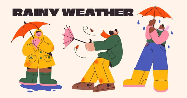 三个人在雨中拿着雨伞 — 图库矢量图片