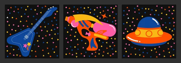 Gitarı, silahı ve gemisi olan üç farklı poster.