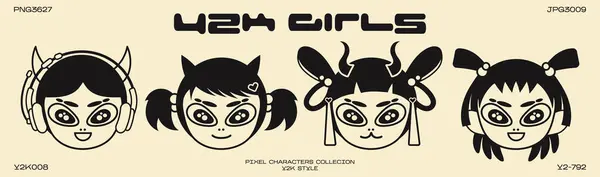 Personagem Desenho Animado Retro Futuro Estilo Y2K Meninas Cibernéticas Com — Vetor de Stock