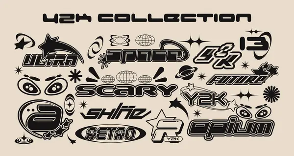 Retro fütüristik y2k tasarım elementlerini şekillendirir. Soyut grafik geometrik semboller ve nesneler koleksiyonu. Notlar, pankartlar, çıkartmalar, kartvizitler için şablonlar