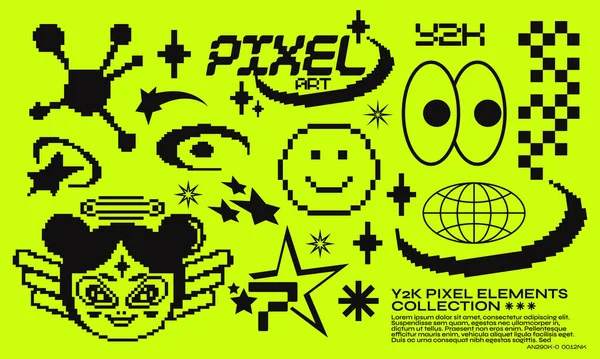 ピクセルアートポスター Y2Kトレンディな要素 レトロガール 未来的なアイテムを備えた抽象幾何学的なデザイン要素の酸のセット ポスター 印刷物 ステッカーのため — ストックベクタ