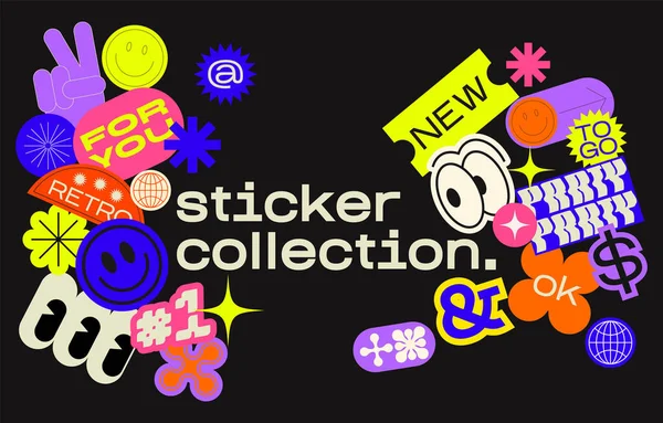 stock vector Cartoon retro groovy stickers, big set funky doodle style of the 90s. Trendy patches, labels, characters, space, hippie objects. Vector set