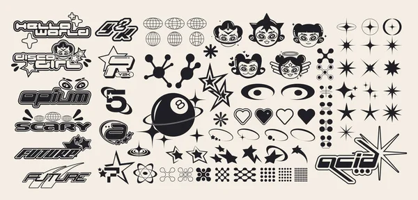 Retro fütüristik y2k tasarım elementlerini şekillendirir. Soyut grafik geometrik semboller ve nesneler koleksiyonu. Notlar, pankartlar, çıkartmalar, kartvizitler için şablonlar