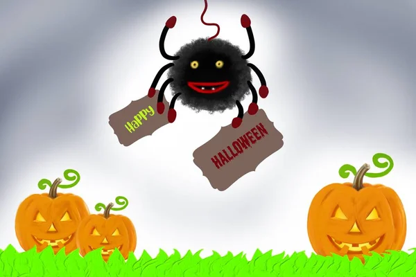 Funny Black Spider Pumpkins Halloween — Stockfoto