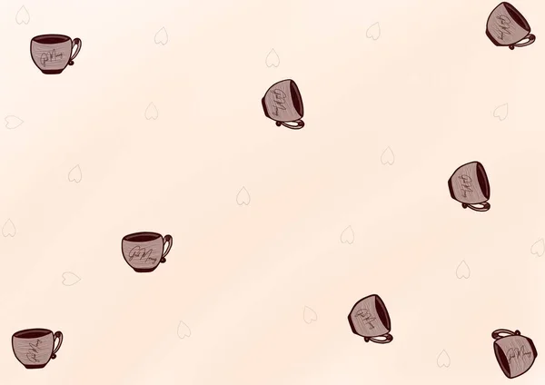 Uçan Kahve Fincanları Küçük Kalpler Kusursuz Desenli Krema Arkaplanı — Stok fotoğraf
