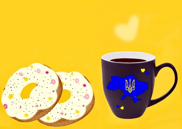 ウクライナ地図のコーヒーカップオンとドーナツ — ストック写真