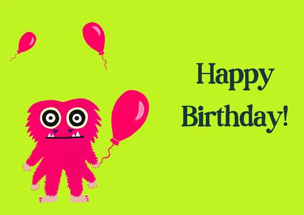 Funny Pink Monster Birthday Balloon Card Green Background — Stock Photo, Image