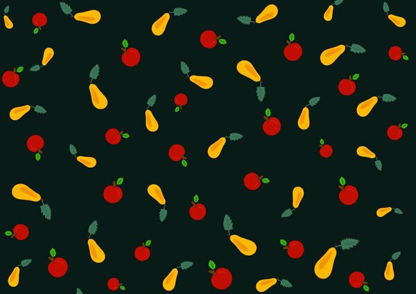 Seamless Pattern with yellow pears and red apples on black background