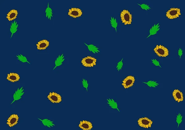 Naadloos Bloemenpatroon Met Zonnebloemen Bladeren Donkerblauwe Achtergrond — Stockfoto