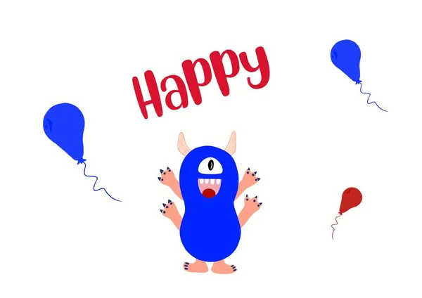 Niebieski Szczęśliwy Potwór Balonami Tekst Happy Białe Tło — Zdjęcie stockowe