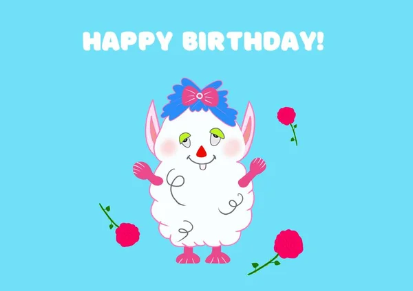Słodki Biały Dziewczyna Potwór Różowymi Różami Niebieskim Tle Kartka Urodzinowa — Zdjęcie stockowe
