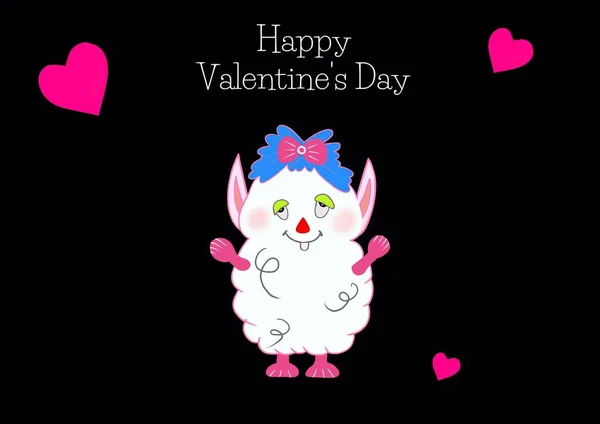 Sweet Funny White Monster Girl Valentines Day Dark Background — Stock Photo, Image