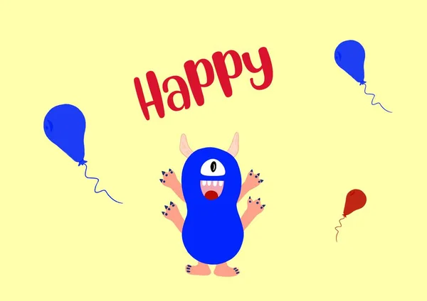 Happy Blue Zabawny Potwór Tekstem Happy Żółte Tło — Zdjęcie stockowe