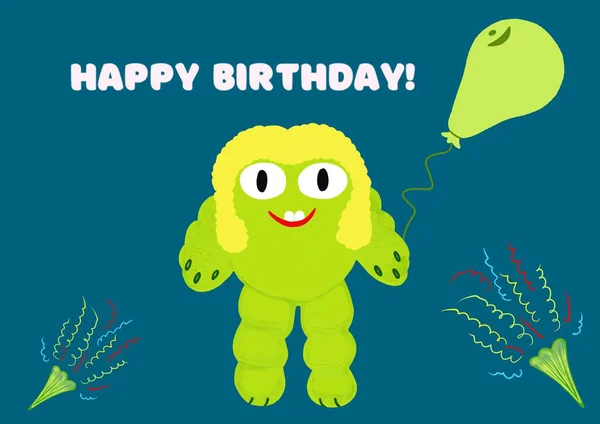 Big green funny monster with balloon and text HAPPY BIRTHDAY, dark green background