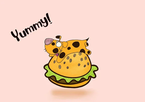 Vicces Kutya Nagy Hamburger Szöveggel Yummy Rózsaszín Háttér — Stock Fotó