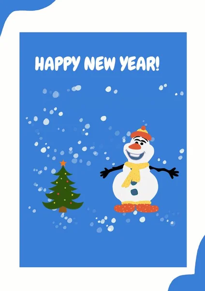 Смешной Снеговик Елкой Белой Рамке Текстом Новым Годом — стоковое фото