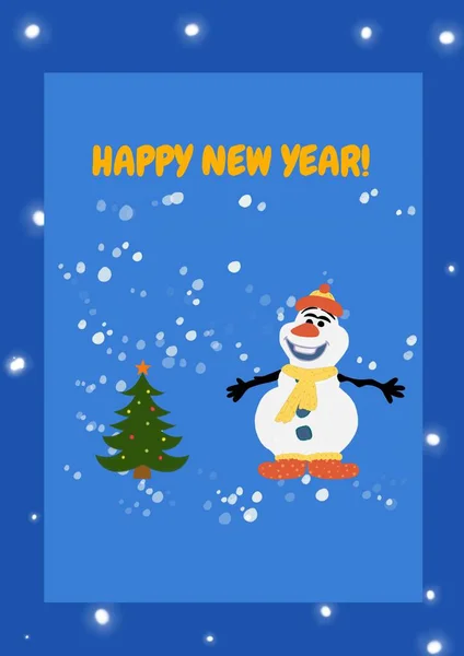 有趣的雪人 圣诞树在蓝色的框架与文字Happy新年 — 图库照片