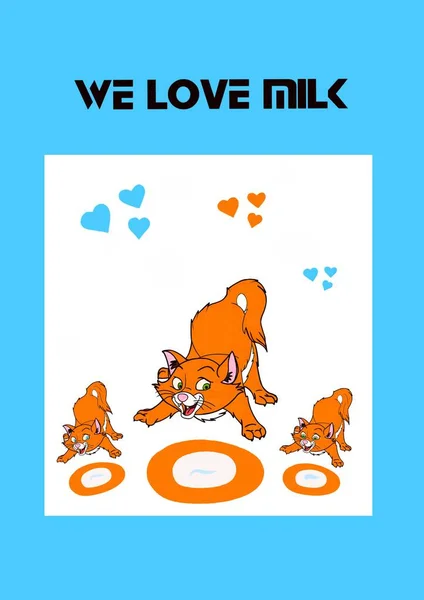 Orange cats family with milk and hearts on blue frame