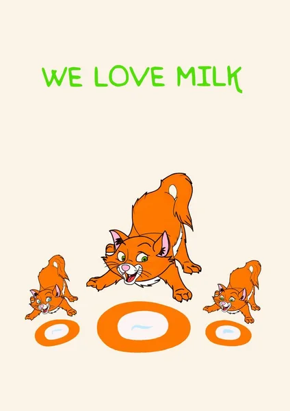 Orange cats family with milk on cream background and text WE LOVE MILK