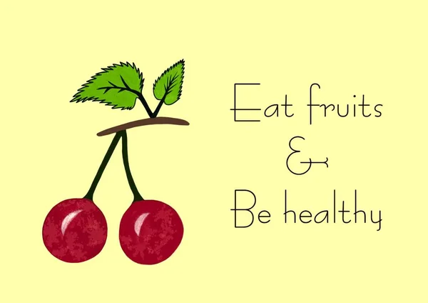Велика Червона Вишня Жовтому Тлі Текстом Eat Fruits Healthy — стокове фото
