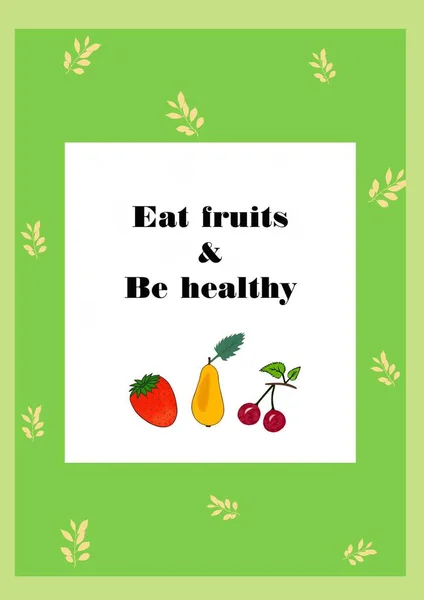 绿色框架上白色背景的果实 文字为Eat Fruits并为其头部 — 图库照片