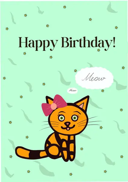 Cute orange cat on green patterned background birthday card