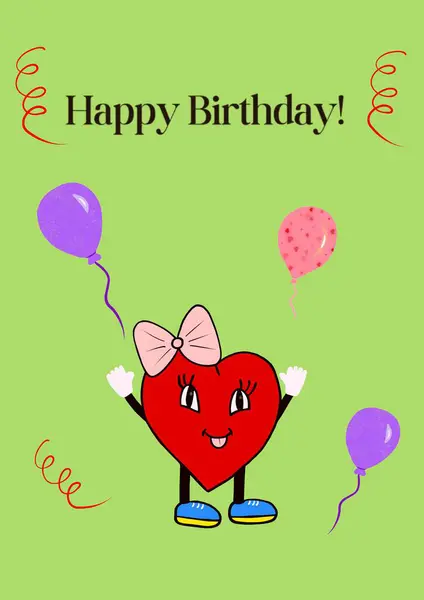 Czerwone Serce Balonami Zielonym Tle Kartka Urodzinowa — Zdjęcie stockowe