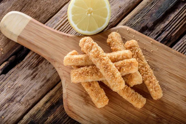 Crispy Zesty Panko Breaded Fish Sticks Lemon Exquisite Close — стокове фото