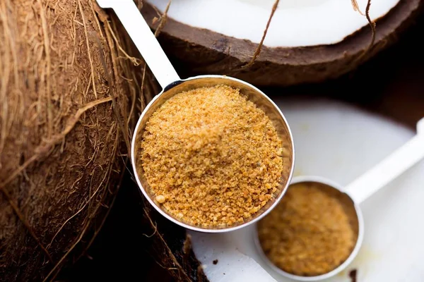 Exquisite Top Close Coconut Palm Sugar Measuring Spoons Presented Crisp — 스톡 사진