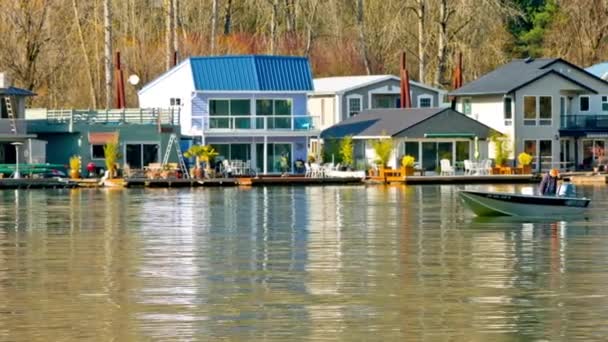 Oase Aan Het Water Drijvende Huizen Aan Willamette River Portland — Stockvideo