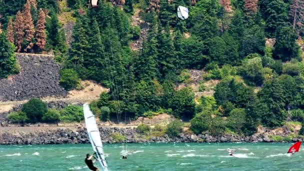 Windsurfing Thrills Exhilarating Views Windsurfers Columbia River Oregon Usa Immortalized — Stock Video