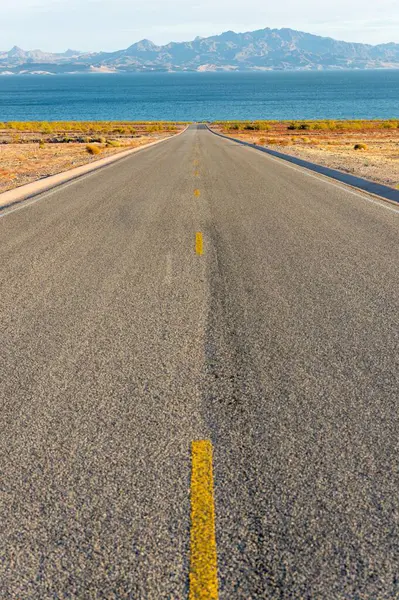 Eenzaamheid Woestijn Solo Rijden Dark Black Road Temidden Van Rode — Stockfoto