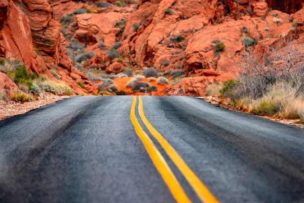 Serenidade Deserto Vista Panorâmica Uma Estrada Vazia Rodeada Por Red — Fotografia de Stock