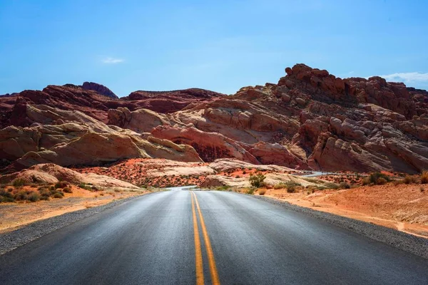 Ηρεμία Της Ερήμου Πανοραμική Θέα Ενός Άδειου Δρόμου Που Περιβάλλεται — Φωτογραφία Αρχείου
