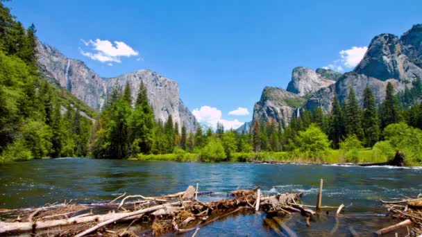 Vår Splendor Capitan Yosemite Valley Och Merced River Majestätiska Skönhet — Stockvideo